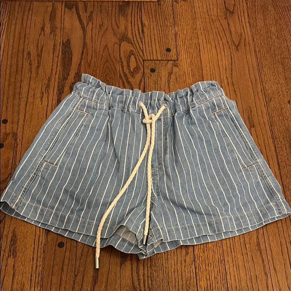 LOFT High Waist denim and White Striped paperbag Shorts